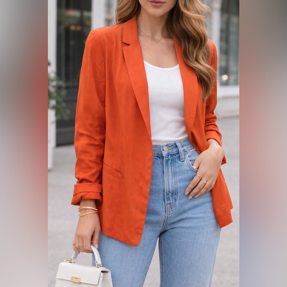 Frenchi Women’s Orange Blazer Size L Lightweight Open Front Jacket Chic Layering